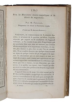 Image du vendeur pour Sur les Mouvemens lectro-magntiques et la thorie du magntisme. (Traduit par M. Anatole-Riffault). + (Andr-Marie Ampere et Felix Savary:) Notes relatives au Mmoire de M. Faraday. - [ THE FIRST ELECTRIC MOTOR - INTRODUCING "LINES OF FORCE" AND THE UNIVERSE OF "FIELDS" (FRENCH EDITION).] mis en vente par Lynge & Sn ILAB-ABF