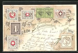 Ansichtskarte Schweiz, Berühmte alte Schweizer-Briefmarken und berühmte neue Schweizermarke