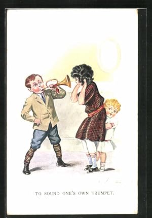 Bild des Verkufers fr Knstler-Ansichtskarte Trompetenspiel, ein Junge spielt fr zwei Mdchen sein Blasinstrument zum Verkauf von Bartko-Reher