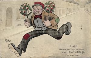 Bild des Verkufers fr Knstler Ansichtskarte / Postkarte Glckwunsch Geburtstag, Beinahe htt ich's vergessen, Mann mit Blumentpfen zum Verkauf von akpool GmbH