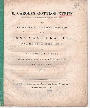 Bild des Verkufers fr Index medicorum oculariorum inter Graecos Romanosque 11. Promotionsankndigung von Rudolph Leonhardi aus Dresden. zum Verkauf von Wissenschaftliches Antiquariat Kln Dr. Sebastian Peters UG