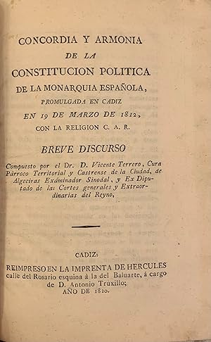 Seller image for Volumen facticio 6 obras 1803-1862. .- Otelo, o el moro de Venecia -Excmo. Seor. Consequente a la orden de la Regencia. -Concordia y armonia de la Constitucin Poltica de la Monarqua Espaola, promulgada en Cdiz en 19 de Marzo de 1812 - Contestacin a nombre de D. Matias Vinuesa - A la Nacin Espaola sobre reformas ortogrficas - El cantar de los cantares de Salomn for sale by MUNDUS LIBRI- ANA FORTES