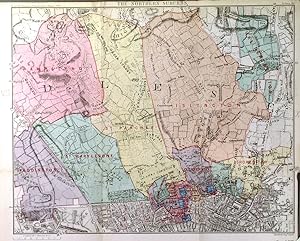 THE NORTHERN SUBURBS. Map of the London northern suburbs after John Rocque 1763: Hampstead, Mar...