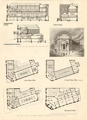 Selected design: Hackney Central Library - H.A. Crouch, A.R.I.B.A., Architect - Sketch, sections ...
