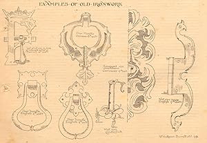 Imagen del vendedor de Examples of old iron work - Door Handle German 15th cent, door handle English 17th cent, hammered iron escutcheon German 17th cent, wrot iron candlestick a la venta por Antiqua Print Gallery