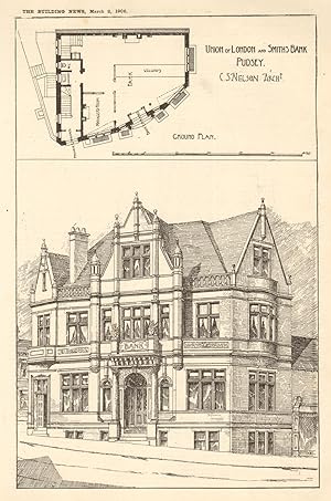 Union of London and Smith's Bank, Pudsey - C.S. Nelson, Architect - Sketch and ground floor plan ...