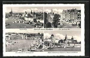 Ansichtskarte Stettin, Hafenbild, Am Berliner Tor mit Strassenbahn, Baumbrücke mit Getreidesilo