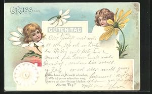 Bild des Verkufers fr Ansichtskarte Guten Tag, zwei Kinderkpfe ragen aus Blten heraus zum Verkauf von Bartko-Reher