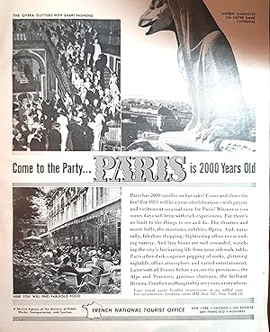 Image du vendeur pour Advertisement: "Come to the Party.paris is 2000 Years Old" for the French National Tourist Office Harpers Celebrates 200 Years - 1850 to 1950 mis en vente par Hammonds Antiques & Books