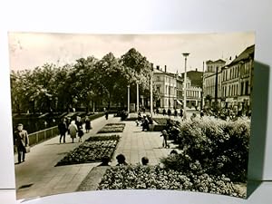 Bild des Verkufers fr Schwerin. Mecklenburg. Neue Anlagen am Pfaffenteich. Alte Ansichtskarte / Postkarte s/w gel. 1973. Blhende Gartenanlage, Gebude u. Passanten zum Verkauf von ABC Versand e.K.