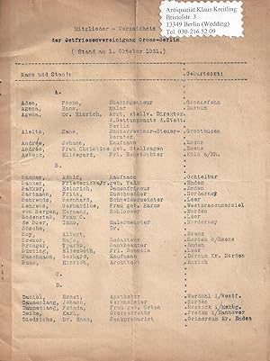 Mitglieder-Verzeichnis der Ostfriesenvereinigung Gross-Berlin ( Stand am 1.Oktober 1931 )