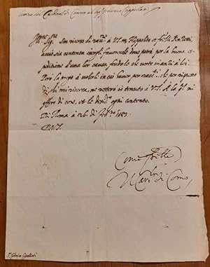 Lettera manoscritta e firmata dal Cardinale Tolomeo Gallio (detto il Cardinal di Como) a Federico...