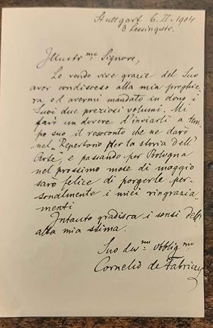 Lettera in ordinata scrittura con firma, ringraziamento al donatore bolognese per un invio librario