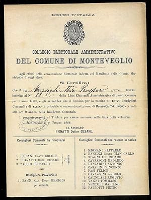 Convocazione per elezione del collegio elettorale del Comune di Monteveglio. Giugno 1888