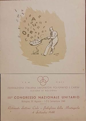 Invito. III° Congresso Nazionale Unitario della Federazione Lavoratori Poligrafici e Cartai. Menu