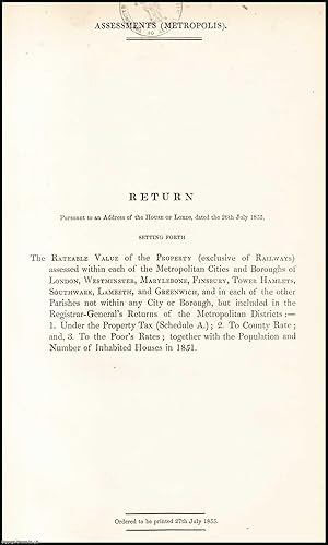 Imagen del vendedor de [Blue Book Report]. Metropolitan District; Return of Rateable Value of Property within each of the Metropolitan Cities and Boroughs. With Parochial Assessments of 1851 Population, Number of Inhabited Houses and Poor Rate. a la venta por Cosmo Books