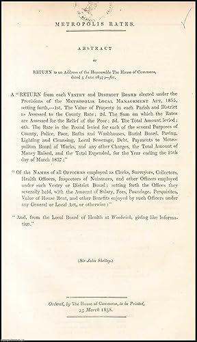 Imagen del vendedor de [Blue Book Report]. Metropolis Rates; Returns from each Vestry and District Board for the Year ending 25th March 1857, together with names of all Officers employed in each Vestry, with Salaries, Fees, Poundage etc. a la venta por Cosmo Books