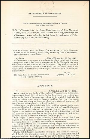 Imagen del vendedor de [Blue Book Report]. Metropolitan Improvements; Battersea Park, Chelsea Bridge, Pimlico and New Street, Spitalfields. Correspondence between the Commissioner of Works and the Treasury. Published by HMSO 1857. a la venta por Cosmo Books