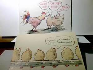 Cartoon / Humor / Karikatur / Hühner. 2 x Alte Ansichtskarte / Künstlerkarte unliniert von Peter ...