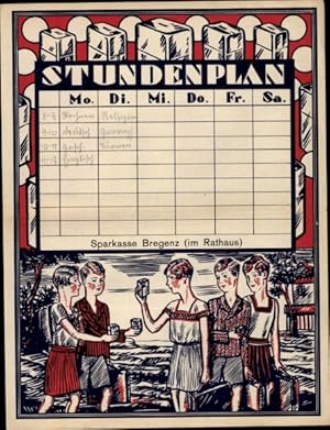 Stundenplan Sparkasse Bregenz (im Rathaus), Mädchen auf dem Schulweg um 1930