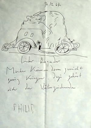 Eigenh. Brief mit Selbstkarikatur. Handzeichnung (10 x 17,5 cm) und Text in schwarzem Kugelschrei...