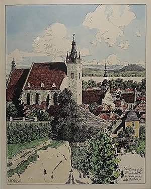 Krems a. d. D. Piaristenkirche, im Hintergrund Stift Göttweig. Handaquarellierte Photolithographi...