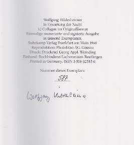 Bild des Verkufers fr In Erwartung der Nacht. - signiert, einmalig numerierte Ausgabe Collagen. zum Verkauf von Bhrnheims Literatursalon GmbH