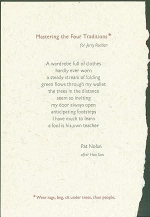 Image du vendeur pour Mastering the Four Traditions (for Jerry Reddan) (broadside) mis en vente par Eureka Books