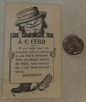 VTG BUSINESS CARD J.C. CURD HAT RENOVATOR DAVENPORT GREAT VINTAGE GRAPHICS