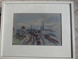 Söflinger Bahnhof. (Ulm). Aquarel mit Kreidel. Signiert.