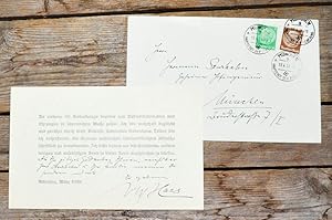 Immagine del venditore per Autograph auf Dankeskarte, mit eigenhndig beschriftetem Umschlag. venduto da Antiquariat Thomas Rezek