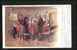 Bild des Verkufers fr Knstler-Ansichtskarte E. Dcker: Bauernfamilie bei der gemeinsamen Mahlzeit in der Stube zum Verkauf von Bartko-Reher