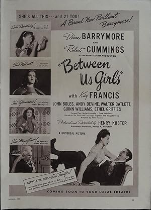 Bild des Verkufers fr Between Us Girls Trade Print Ad 1942 Diana Barrymore, Robert Cummings, Kay Francis zum Verkauf von AcornBooksNH