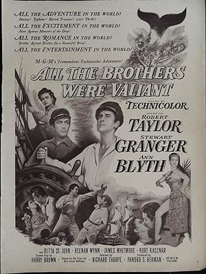 Bild des Verkufers fr All The Brothers Were Valiant Trade Print Ad 1953 Robert Taylor, Stewart Granger, Ann Blyth zum Verkauf von AcornBooksNH