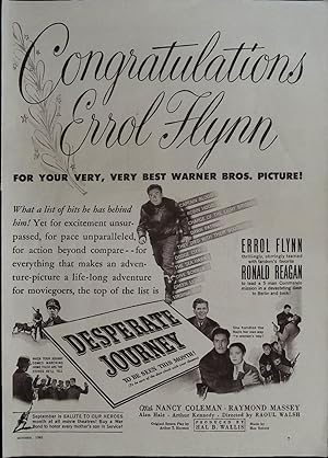 Desperate Journey Trade Print Ad 1942 Errol Flynn, Ronald Reagan, Nancy Coleman