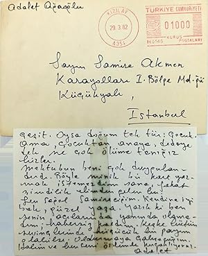 Bild des Verkufers fr Autograph letter signed 'Adalet' addressed to Samira Akmen, with its envelope. zum Verkauf von Khalkedon Rare Books, IOBA