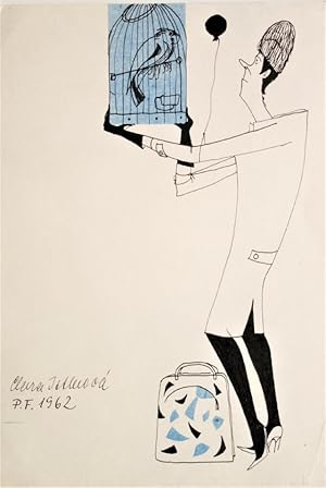 Frau mit Papagei und Koffer / Woman with parrot and suitcase. - Original drawing in blue and blac...