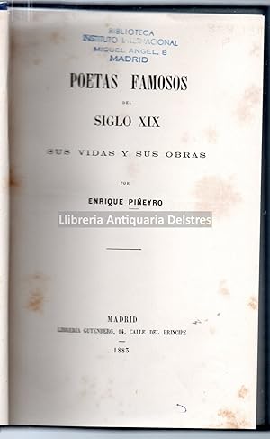 Bild des Verkufers fr Poetas famosos del siglo XIX: Shakspeare, John Keats, Sielley, Byron, Wordsworth, Espronceda, Leopardi, Goethe, el Fausto, Schiller, Enrique Heine, Lamartine, Alfredo de Musset, Victor Hugo. zum Verkauf von Llibreria Antiquria Delstres