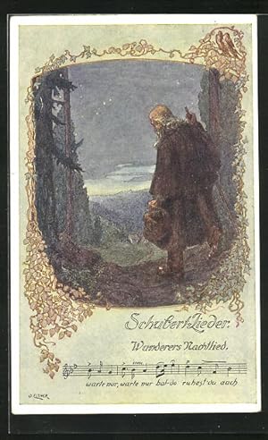 Bild des Verkufers fr Knstler-Ansichtskarte sign. O. Elsner: Wanderer blickt ins Tal, Wanderers Nachtlied zum Verkauf von Bartko-Reher