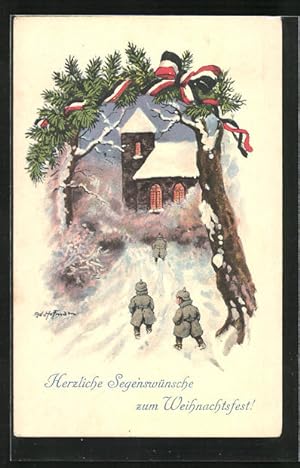 Bild des Verkufers fr Knstler-Ansichtskarte Ad. Hoffmann: Soldaten auf dem Weg zur Kirche, Segenswnsche zum Weihnachtsfest! zum Verkauf von Bartko-Reher