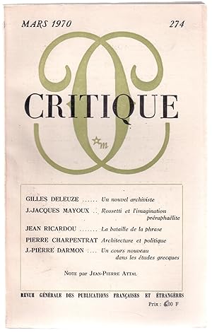 Seller image for Critique n274, mars 1970 for sale by LibrairieLaLettre2