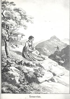 "Sennerinn". Sennerin im Dirndl. Lithografie. Um 1850.