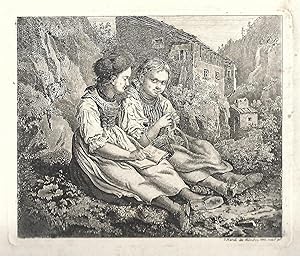 Zwei Mädchen, lesend und strickend, in alter Tracht. Radierung. 1840.