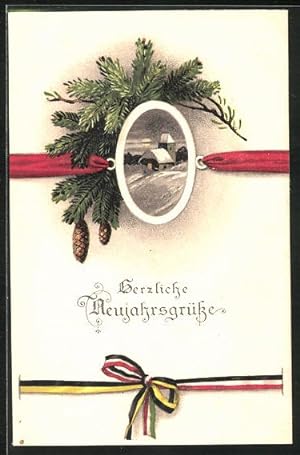 Bild des Verkufers fr Knstler-Ansichtskarte Neujahrsgruss, Kirche in Winternacht, Zweibundfahnen, Tannenzweig zum Verkauf von Bartko-Reher