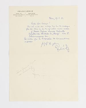 An autograph letter signed by Franz Lehar to an unnamed colleague, supplying him with the contact...