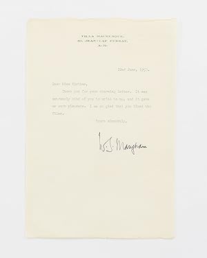 A typed letter signed by Somerset Maugham to a Miss Kirkham (a routine letter of thanks)