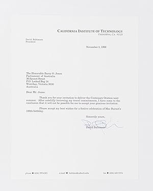 A typed letter signed by David Baltimore to The Honorable Barry O. Jones, declining an invitation...