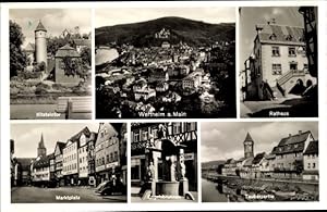 Bild des Verkufers fr Ansichtskarte / Postkarte Wertheim am Main, Rathaus, Tauber, Kitsteintor, Marktplatz, Engelsbrunnen, Panorama zum Verkauf von akpool GmbH