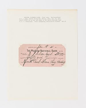 A printed cheque for $50 signed ('Florence Kling Harding') to E.J. Schoenlaub, Epworth [Methodist...