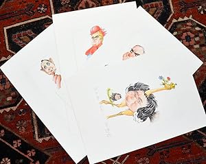 4 farbige Blätter mit karikaturalen Portraits von Kohl, Genscher, Strauss und wohl Rau.